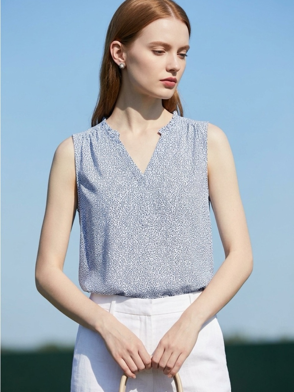 Zach & Rachel Microdot Camisole – Sleeveless Split Neck Blouse (Large)